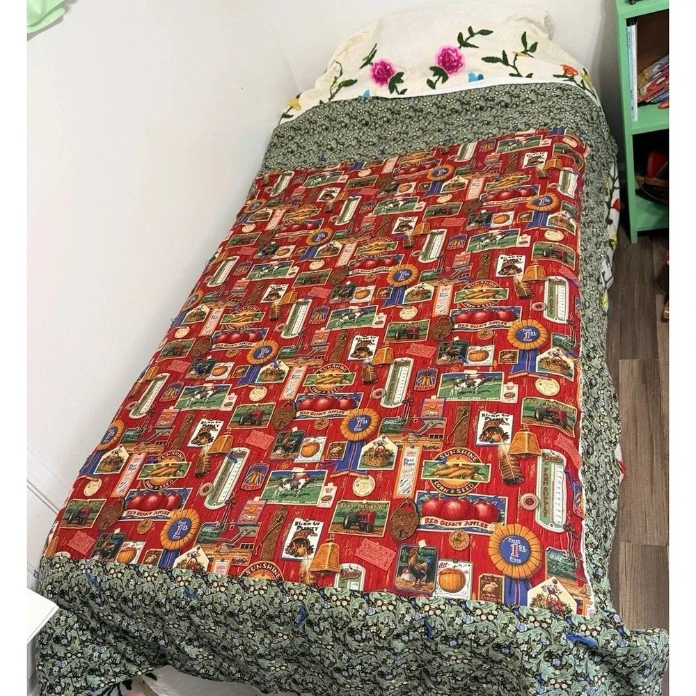 Handmade Quilt 54.5 X 73.5 Farmhouse Antiques Barn Cow Farm Western Blanket Barn